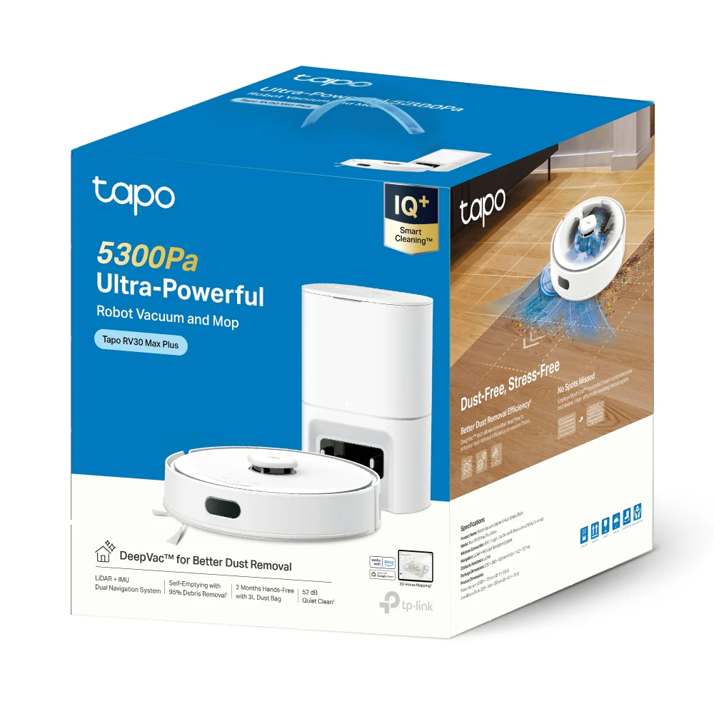 Tapo RV30 Max Plus White | 5300Pa Hyper Suction Robot Vacuum & Mop + Smart Auto-Empty Dock - Image 12